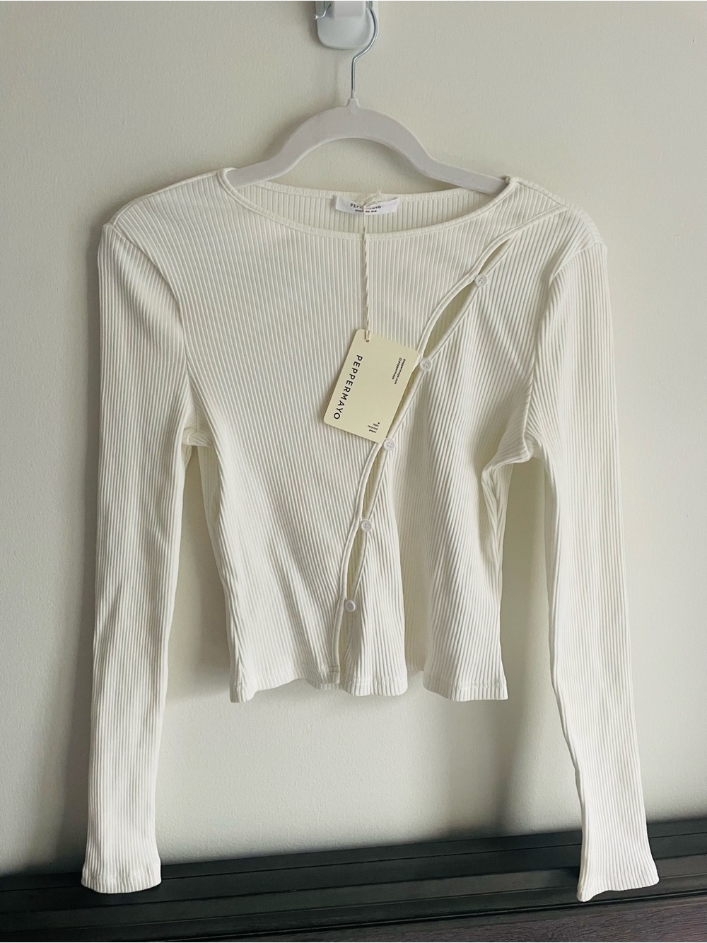 Peppermayo Ivory Ribbed Asymmetric Button-Front Long Sleeve Top
